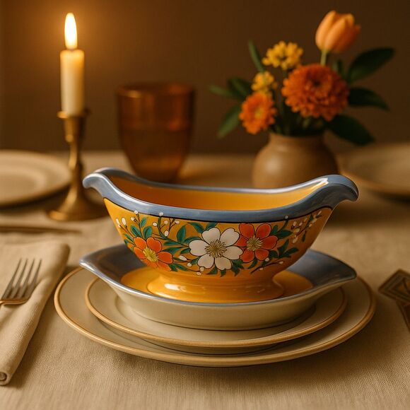 Vintage Japanese Lusterware Sauce Boat & Underplate (1920s–1940s) Hand Painted - Picture 1 of 10